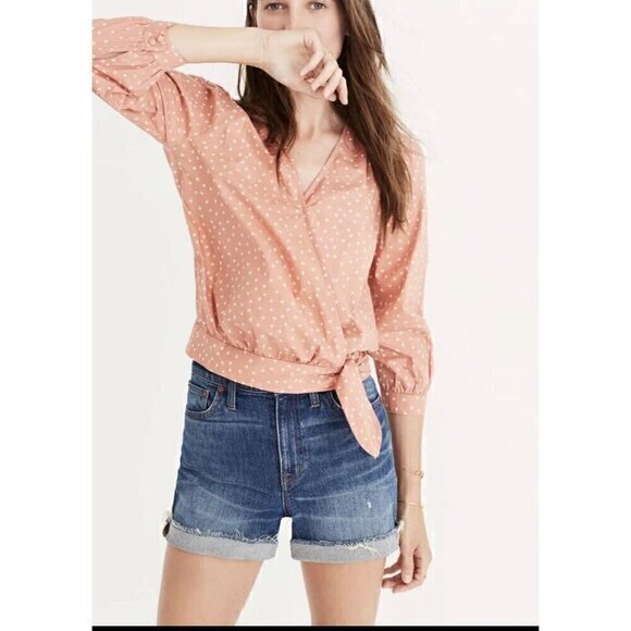 Madewell Star Scatter Wrap Shirt Blouse Size XSmall 3/4 Sleeve Coral Peach Color - Picture 9 of 10